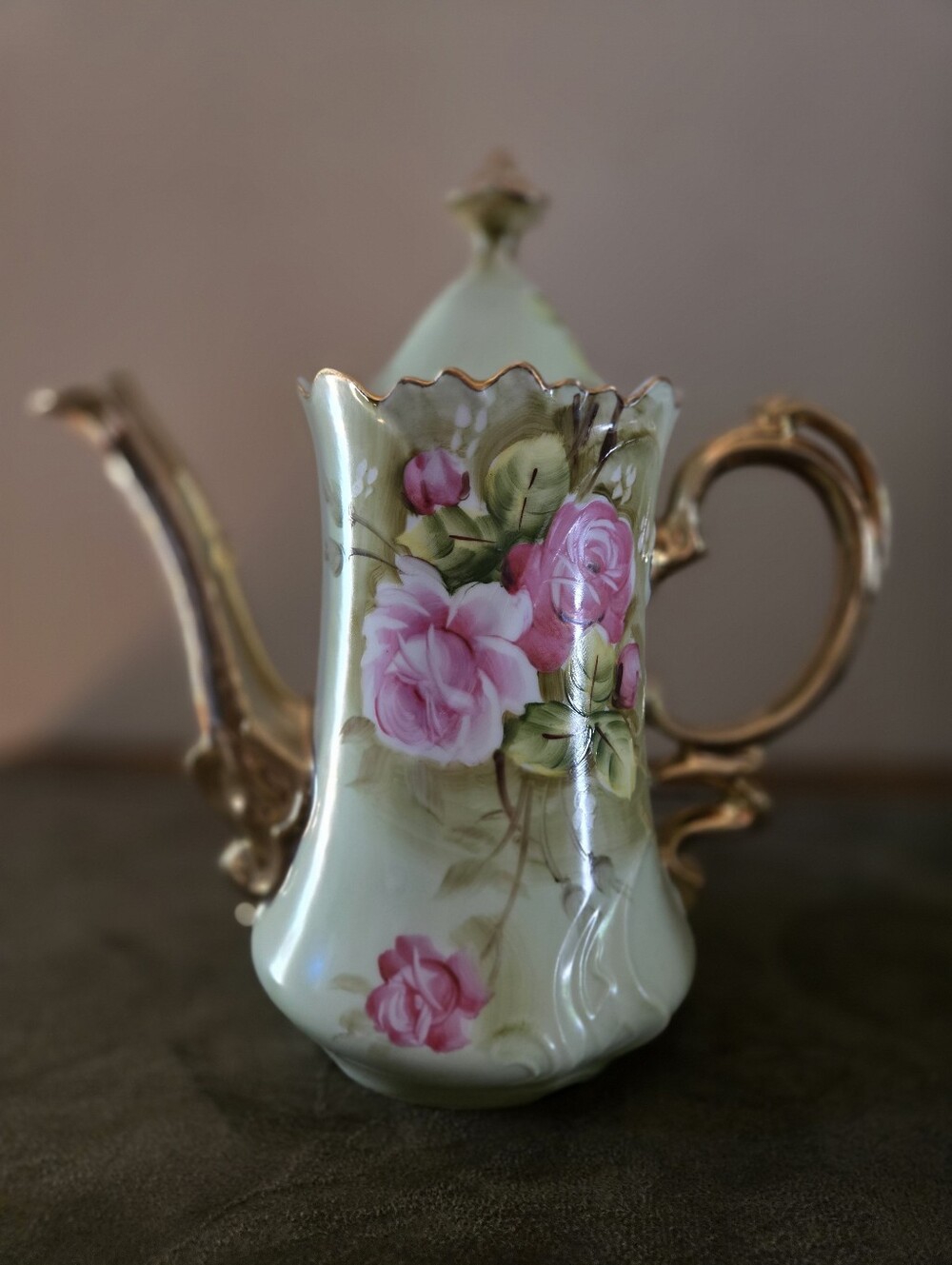 VTG LEFTON PORCELAIN TEA POT W/LID & STICKER  #3065 HERITAGE GREEN